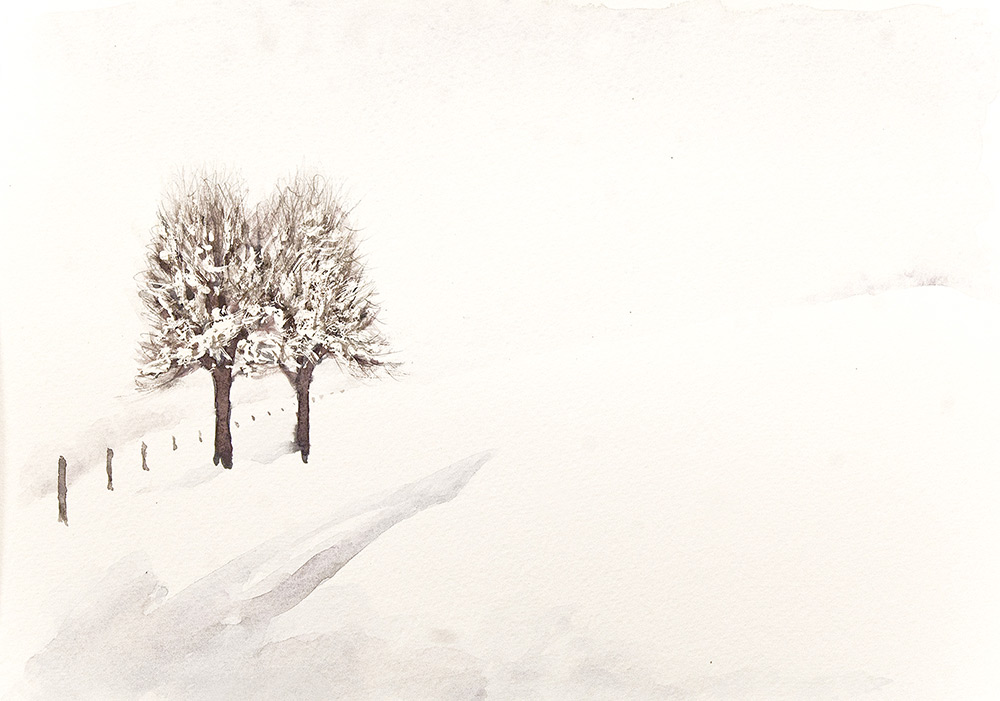 novus art snow scene two trees martin eeles