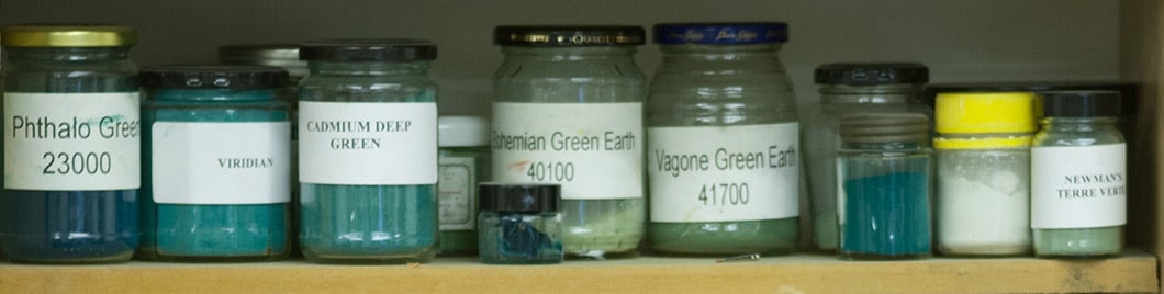 jars of green pigments